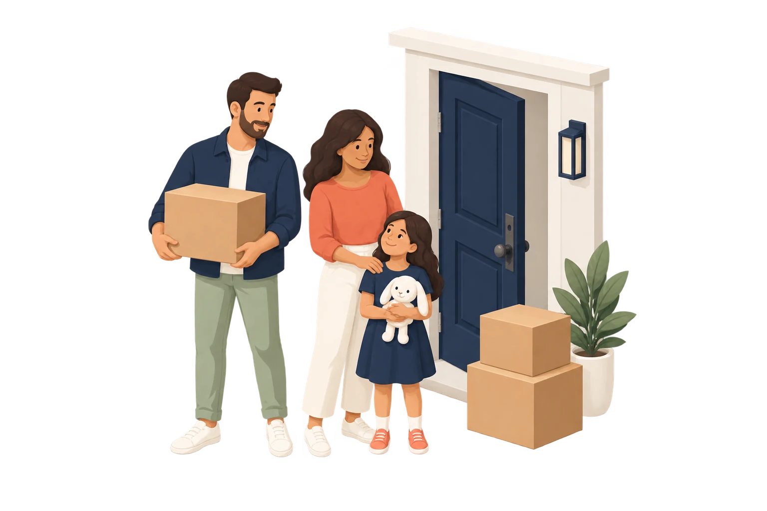Illustrated family with two parents and a child carrying boxes near a doorway.