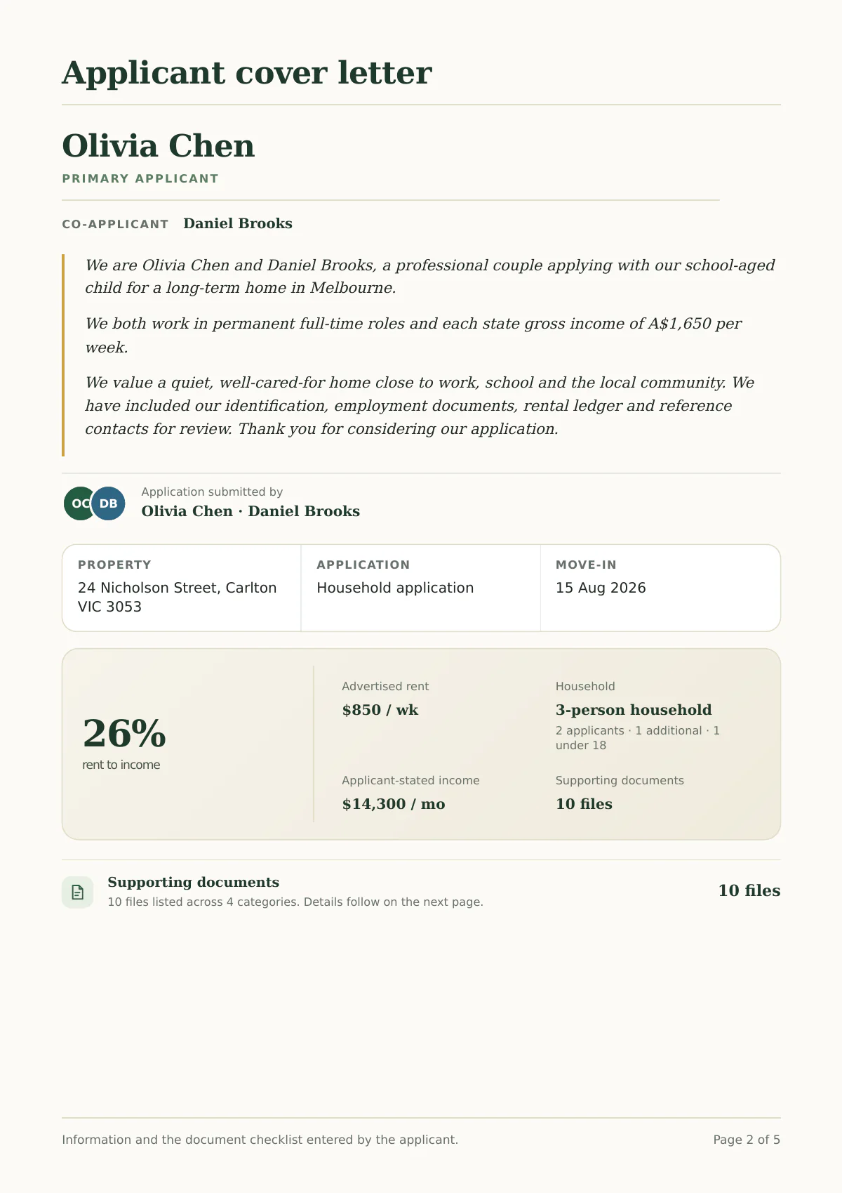 Applicant cover letter page from the RentFiles sample PDF